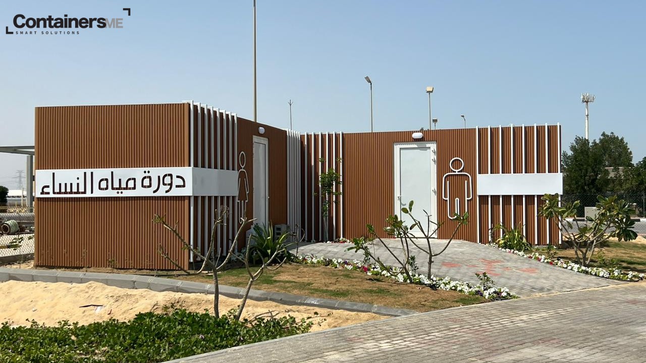 container washroom made using modular mobile container with cladding